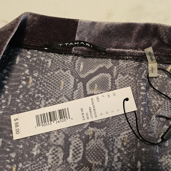 Tahari Rosalyn Gray Sleeveless Blouse Snake Print Velvet Trim Women's Large - Picture 7 of 13